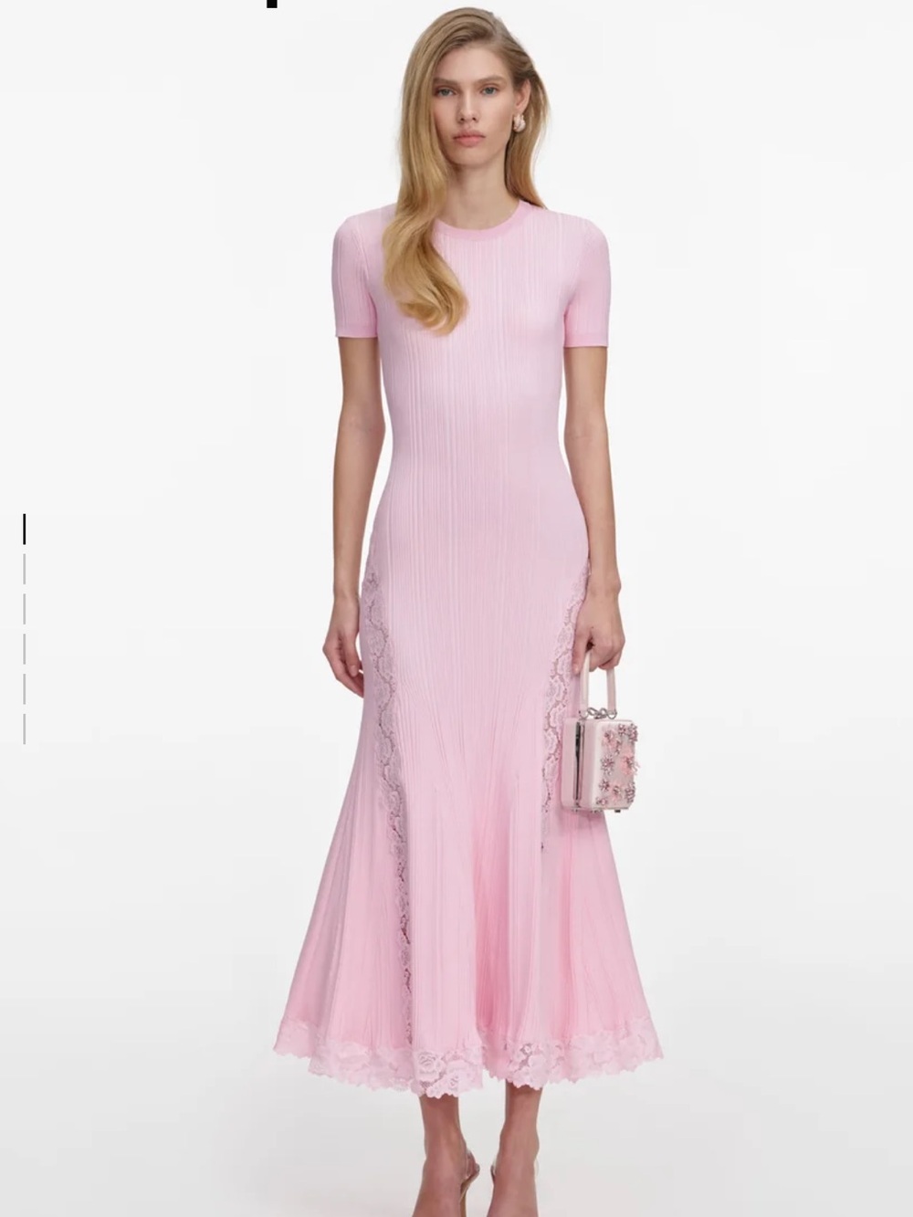 Self-Portrait PINK KNIT LACE INSERT MIDI DRESS